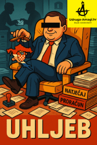 Satirična ilustracija uhljeba: karikatura osobe u odijelu sjedi na zlatnoj fotelji, s crnim kvadratom preko očiju (anonimnost), drži konce iznad Hrvatske kao lutke. Okružen papirima, pečatima, natpisima “natječaj” i “proračun”. Logotip udruge, natpis “UHLJEB”.