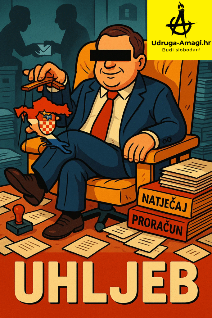 Satirična ilustracija uhljeba: karikatura osobe u odijelu sjedi na zlatnoj fotelji, s crnim kvadratom preko očiju (anonimnost), drži konce iznad Hrvatske kao lutke. Okružen papirima, pečatima, natpisima “natječaj” i “proračun”. Logotip udruge, natpis “UHLJEB”.