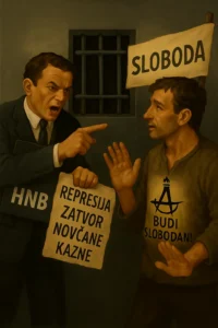 Birokrat HNB-a prijeti građaninu represijom, zatvorom i novčanim kaznama, dok građanin traži slobodu i transparentnost.