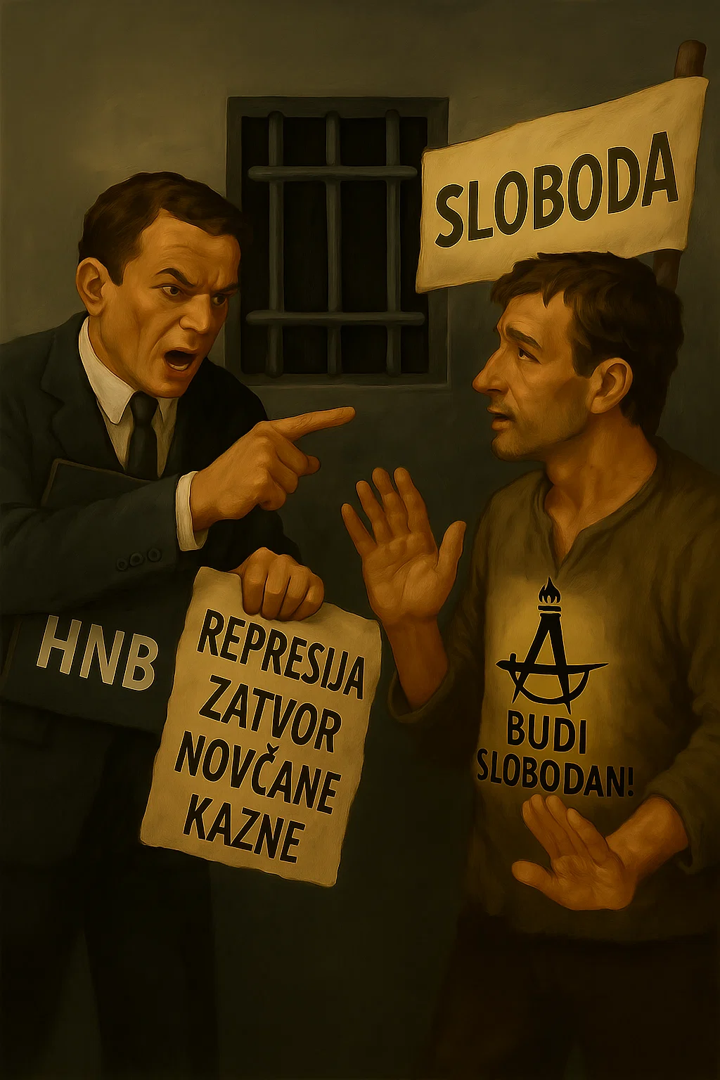 Birokrat HNB-a prijeti građaninu represijom, zatvorom i novčanim kaznama, dok građanin traži slobodu i transparentnost.